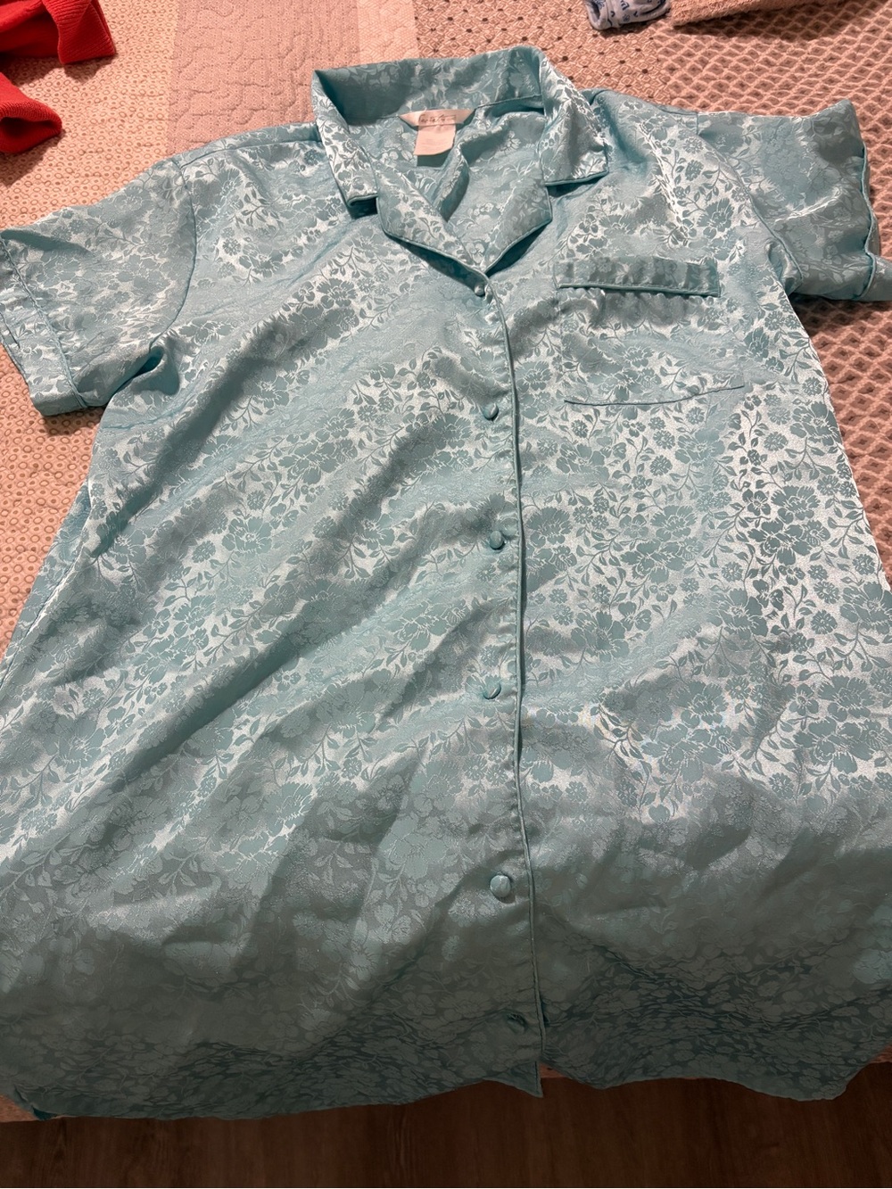 Vintage Light Teal Floral Satin Button-Up Nightgown shirt
